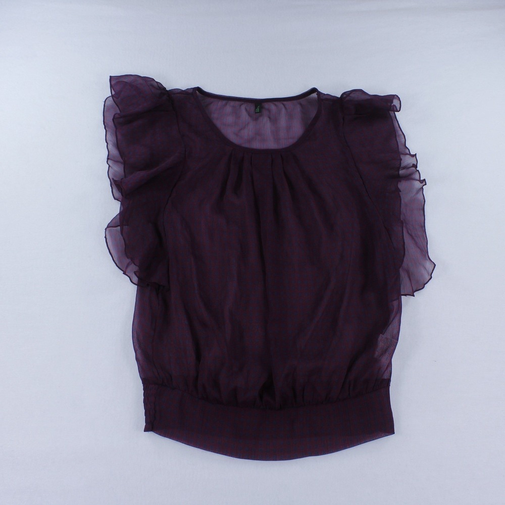 Stile Benetton Chiffon Ruffle Blouse Sheer Polka Dot Plum Purple Women's Size XS